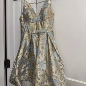 B Darlin Gold and Blue Floral Prom Dress